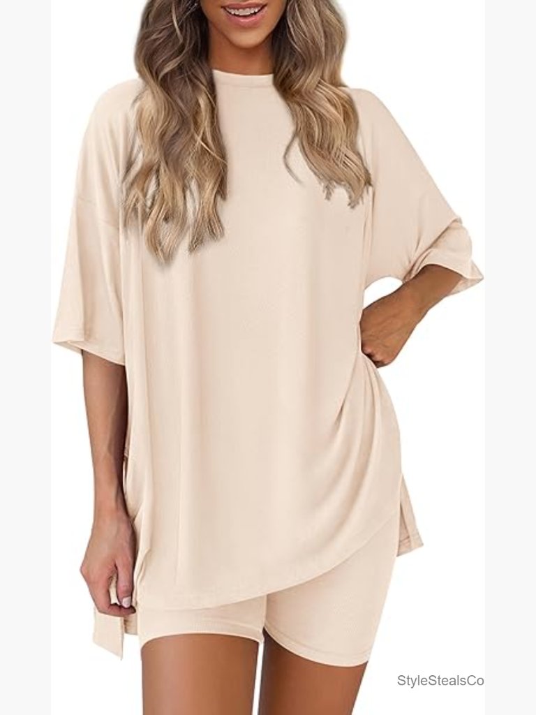 2 Piece Lounge Set Oversized Tee Biker Shorts Matching Travel Outfit